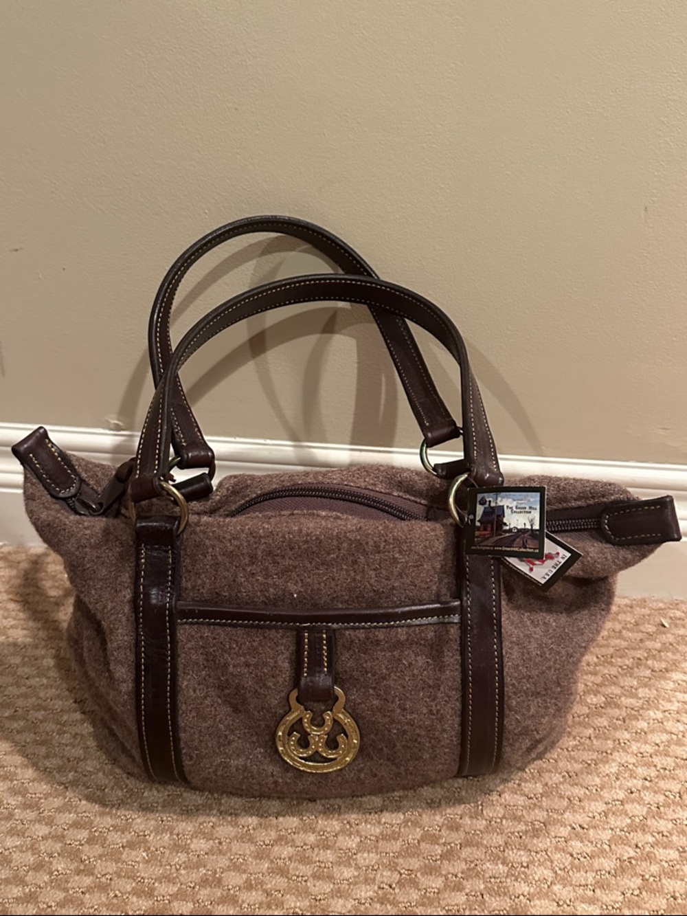 Wool-Blend Brown Tote with Leather Trim and Gold Accent